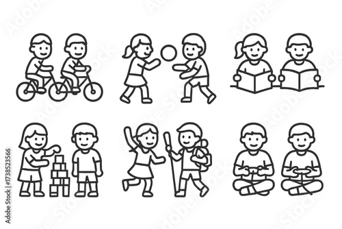 Siblings Activity Icons. Outline icon set of siblings activities: riding bikes, playing ball, drawing, reading books, building blocks, dancing, hiking, playing