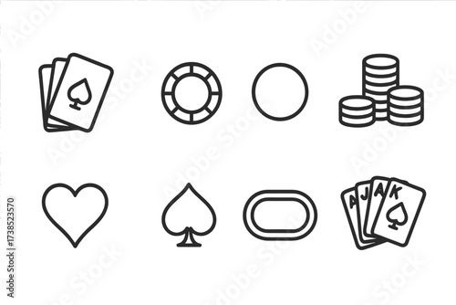 Poker Icons Set. Outline icon set of poker: poker cards, poker chips, dealer button, stack of chips, poker table, card suit hearts, card suit spades, royal
