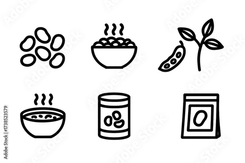 Navy Bean Icon Set. Solid, filled icon set of navy beans: raw navy beans, cooked navy beans, navy bean pod, navy bean plant, navy bean soup, canned navy beans,