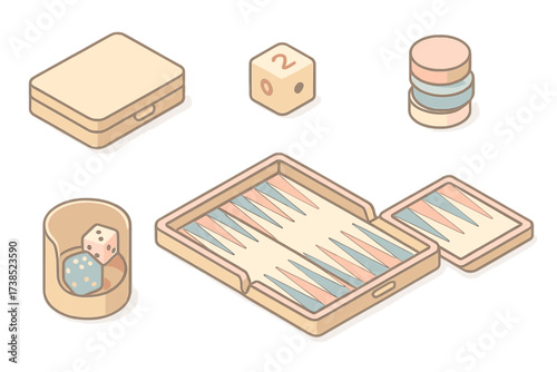 Portable Backgammon Set. Isometric vector illustration set Backgammon travel set: compact board, doubling cube, checkers stacked,