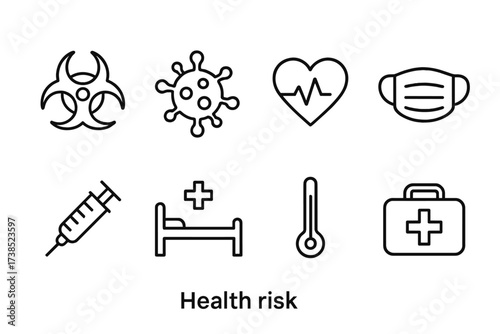 Health Risk Icons. Outline icon set of health risk: biohazard symbol, virus, heart monitor, medical mask, syringe, hospital bed, thermometer, first aid kit.