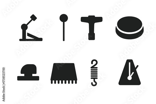 Bass Drum Icon Set. Solid, filled icon set of bass drum accessories: drum pedal, beater replacement, drum key, practice pad, muffler, drum rug, pedal spring,