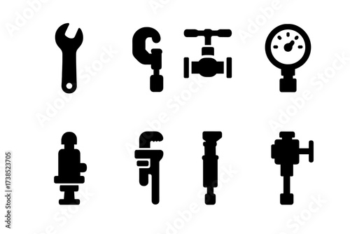 Steam Tools Icon Set. Solid, filled icon set of steam-related tools: wrench, pipe cutter, valve key, pressure gauge, safety valve, pipe wrench, boiler tool,