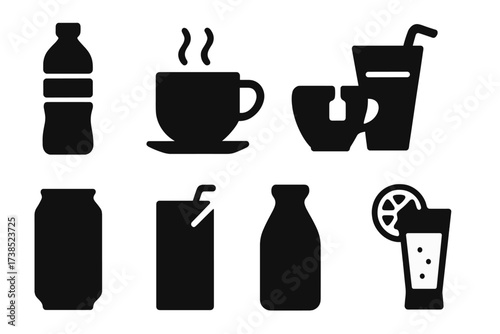 Non-Alcoholic Drink Icons. Solid, filled icon set of non-alcoholic drinks: water bottle, coffee cup, tea cup, smoothie glass, soda can, juice box, milk bottle,