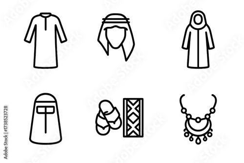 Kuwaiti Clothing Icons. Outline icon set of Kuwaiti traditional clothing: Dishdasha robe, Ghutra headscarf, Agal headband, Abaya dress, Burqa face veil,