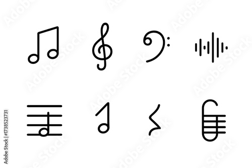 Music Icon Set. Outline icon set of song symbols: musical note, treble clef, bass clef, sound wave, music bar, tempo symbol, rest note, chord symbol. Line