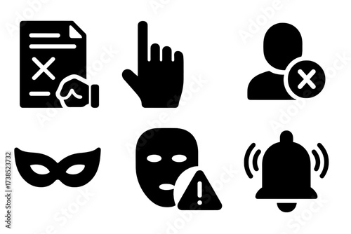 Scam Warning Icons. Solid, filled icon set of scam: fake contract, suspicious hand, crossed money, warning triangle, fake profile, mask disguise, deception