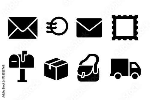 Postal Icon Set. Solid, filled icon set of postal communication: letter, postmark, envelope, postage stamp, mailbox, parcel box, courier bag, postal truck.