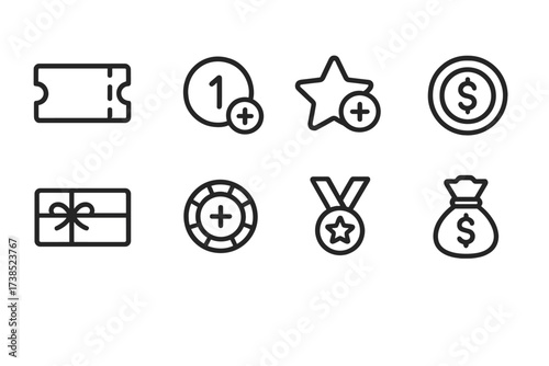 Bonus Icons Set. Outline icon set of bonus extras: extra ticket, reward point, added star, jackpot coin, gift voucher, bonus chip, medal, money bag. Line icons