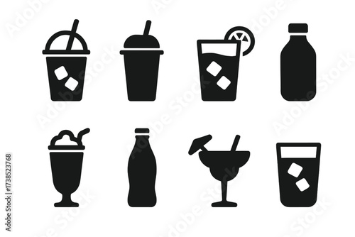 Cold Drinks Icon Set. Solid, filled icon set of cold drinks: iced coffee, smoothie, iced tea, cold brew bottle, milkshake, soda bottle, frozen cocktail, water