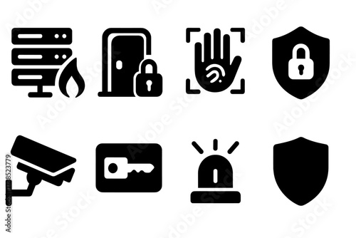 Server Security Icons. Solid, filled icon set of server farm security: firewall, locked door, security camera, biometric scanner, keycard, alarm system,