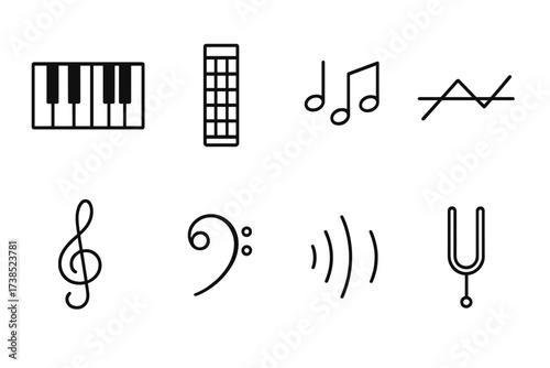 Musical Icon Grid. Outline icon set of musical scales: piano keys, guitar fretboard, musical notes, scale pattern, treble clef, bass clef, sound waves, tuning