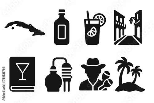 Mojito Origins Icons. Solid, filled icon set of mojito history and origin: old Cuban map, vintage bottle, traditional glass, Havana street, classic cocktail