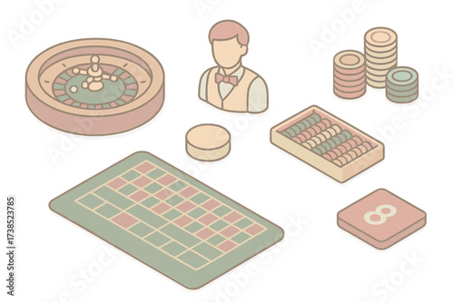 Casino Game Layout. Isometric vector illustration set Table game layout: roulette wheel ball casino, dealer chip rack, betting mat