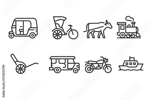Indian Transport Icons. Outline icon set of Indian transportation: auto rickshaw, cycle rickshaw, bullock cart, train engine, hand-pulled rickshaw, jeepney,