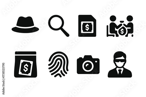 Bribery Investigation Icons. Solid, filled icon set of bribery investigation: detective hat, magnifying glass, case file, interrogation, evidence