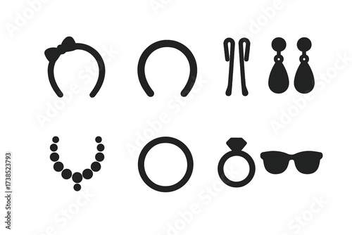 Beauty Accessories Icons. Solid, filled icon set of beauty accessories: hairband, headband, hairpins, earrings, necklace, bracelet, ring, sunglasses. Solid,