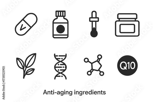 Anti-Aging Ingredients Icons. Solid, filled icon set of anti-aging ingredients: retinol capsule, vitamin C bottle, hyaluronic acid dropper, peptide jar, green