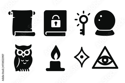 Mystical Knowledge Icons. Solid, filled icon set of secret knowledge and wisdom: ancient scroll, book with lock, glowing key, crystal ball, wise owl, candle