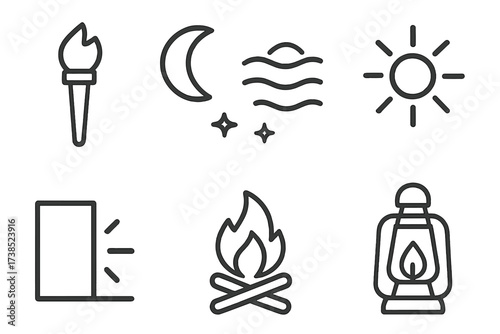 Ruin Lighting Icons. Outline icon set of ruin lighting and atmosphere: torch, moon, stars, fog, sunlight rays, shadow, campfire, lantern. Line icons in only