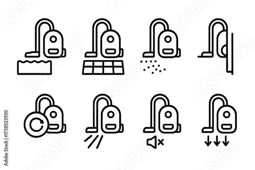 Vacuum Cleaner Icon Set. Outline icon set of vacuum cleaner cleaning modes: carpet cleaning, hard floor cleaning, spot cleaning, edge cleaning, automatic mode,
