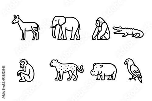 Congolese Wildlife Icons. Outline icon set of Congolese wildlife: Okapi, African elephant, Gorilla, Crocodile, Chimpanzee, Leopard, Hippo, African grey parrot.