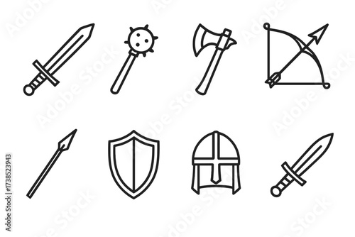 Medieval Weapons Icons. Outline icon set of medieval weapons: sword, mace, axe, bow and arrow, spear, shield, helmet, dagger. Line icons in only black color,