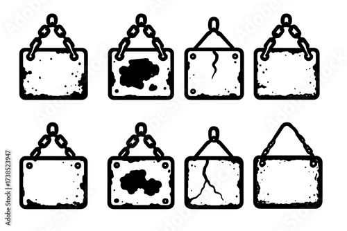 Rusted Signage Icons. Solid, filled icon set of rusted signage: weathered metal board, peeling decals, rusty screws, cracked paint, bent edges, faded letters,