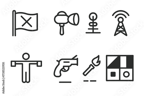 Warship Signal Icons. Outline icon set of warship signals and flags: distress flag, signal lamp, semaphore, radio antenna, fog horn, flare gun, Morse code,