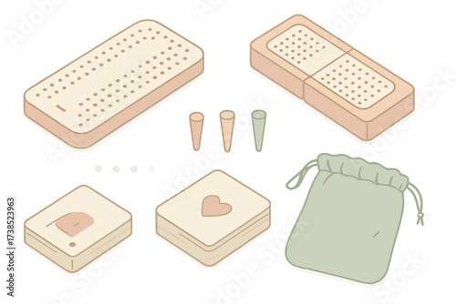 Portable Cribbage Kit. Isometric vector illustration set Portable cribbage kit: cribbage peg board points, folding board, peg set,