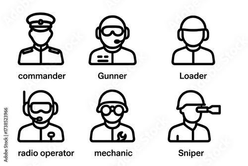 Tank Crew Icons. Outline icon set of tank crew roles: commander, driver, gunner, loader, radio operator, mechanic, scout, sniper. Line icons in only black