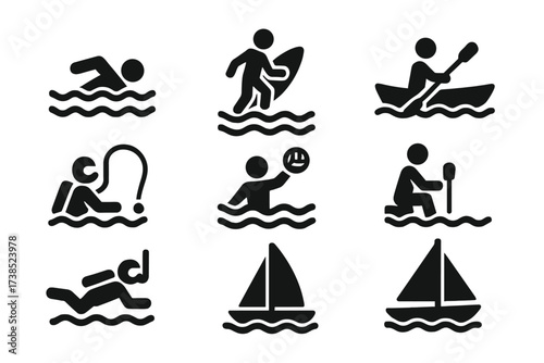 Water Activity Icons. Solid, filled icon set of water activities: swimming, surfing, kayaking, fishing, diving, water polo, sailing, snorkeling. [Line icons in