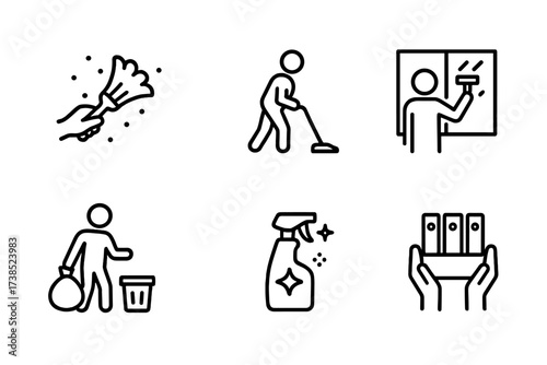 Cleaning Chore Icons. Outline icon set of cleaning chores: dusting, vacuuming, mopping, window washing, trash removal, disinfecting, scrubbing floor,