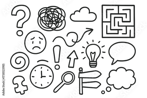 Confusion Doodle Icons. Hand-drawn doodle illustration confusion question mark, tangled lines, cloud, maze, confused face, light bulb, arrows, swirl,