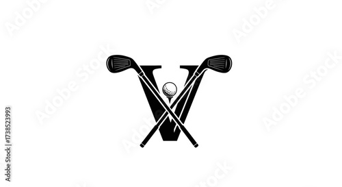 Monochrome golf themed logo with letter V golf clubs and ball isolated vector, creative design