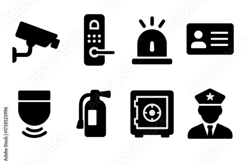 Penthouse Security Icons. Solid, filled icon set of penthouse security: security camera, smart lock, alarm system, intercom, motion sensor, fire extinguisher,