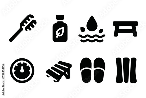 Sauna Accessories Icons. Solid, filled icon set of sauna accessories: sauna brush, essential oil bottle, water splash, sauna seat, sauna clock, footrest, sauna