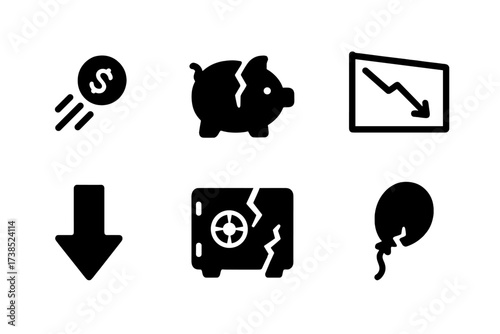 Financial Loss Icons. Solid, filled icon set of financial loss: dropped coin, shattered piggy bank, descending line graph, broken credit card, downward arrow,