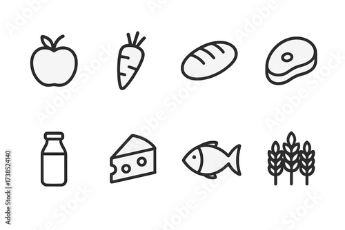 Grocery Icon Set. Outline icon set of grocery nutrition: apple, carrot, bread, meat steak, milk bottle, cheese wedge, fish, grain bundle. Line icons in only