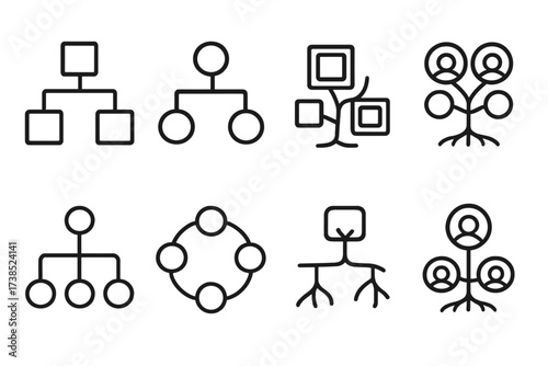 Family Tree Icons. Outline icon set of family tree chart: hierarchy, branches, nodes, circles, photo frames, lines, tree, roots. Line icons in only black