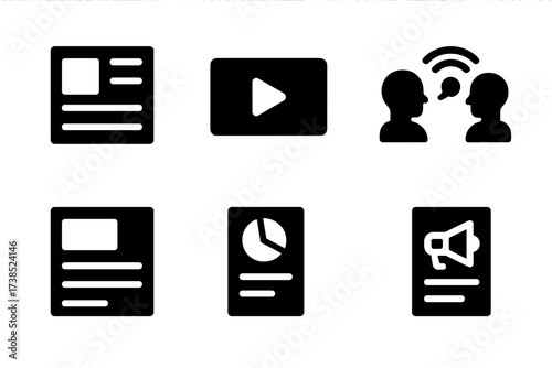 Media Content Icons. Solid, filled icon set of media content: news article, video clip, interview, podcast episode, blog post, infographic, live stream, press
