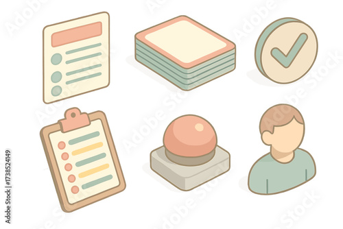 Casual Game Components. Isometric vector illustration set Casual game components: trivia card question answer, drawn stack,