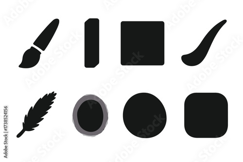 Soft Art Icons. Solid, filled icon set of softness in art: watercolor brush, pastel chalk, soft gradient, smooth curve, feathered stroke, blurred edges, gentle