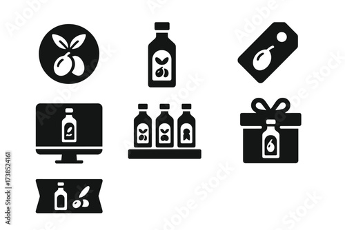 Olive Oil Icons. Solid, filled icon set of olive oil marketing: brand logo, product label, certification, price tag, online store, shelf display, gift box,