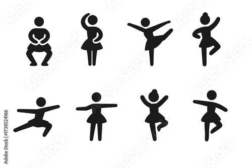 Ballet Dance Step Icons. Solid, filled icon set of ballet dance steps: plie, releve, arabesque, pirouette, jete, tendu, pas de chat, glissade. Solid, filled