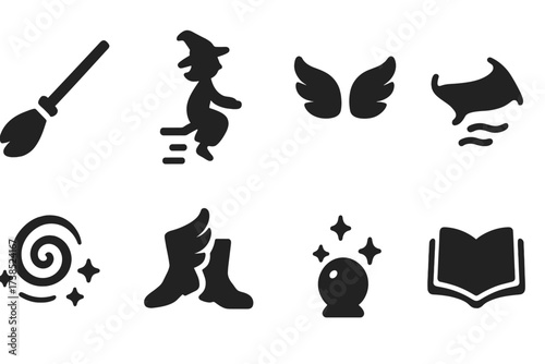 Magical Flight Icons. Solid, filled icon set of magical flight: flying broomstick, levitating witch, enchanted wings, magic carpet, spell swirl, winged boots,