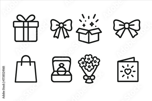 Surprise Gift Icons. Outline icon set of surprise gifts: wrapped present, bow, surprise box opening, ribbon, gift bag, jewelry box, bouquet, surprise card.