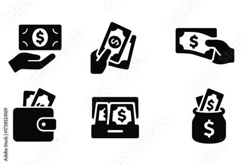 Black Money Icons. Solid, filled icon set of banknote handling: hand holding banknote, cash counting, folded bill, cash payment, wallet with notes, cash