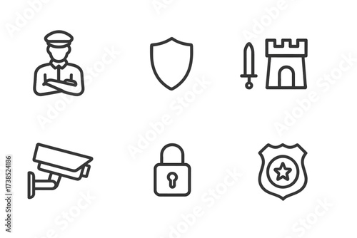 Noble Security Icons. Outline icon set of noble security and protection: guard, shield, sword, fortress, camera, alarm, lock, police badge. Line icons in only