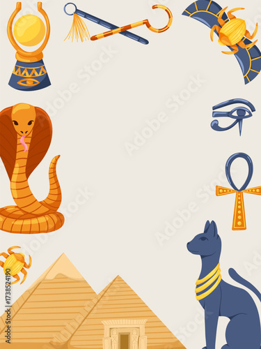 Frame with Egyptian symbols, pyramid, cat, cobra, scarab, crook and flail, symbols of pharaonic power. Vector cartoon hand drawn illustration with copy space for invitation, banner and greeting cards